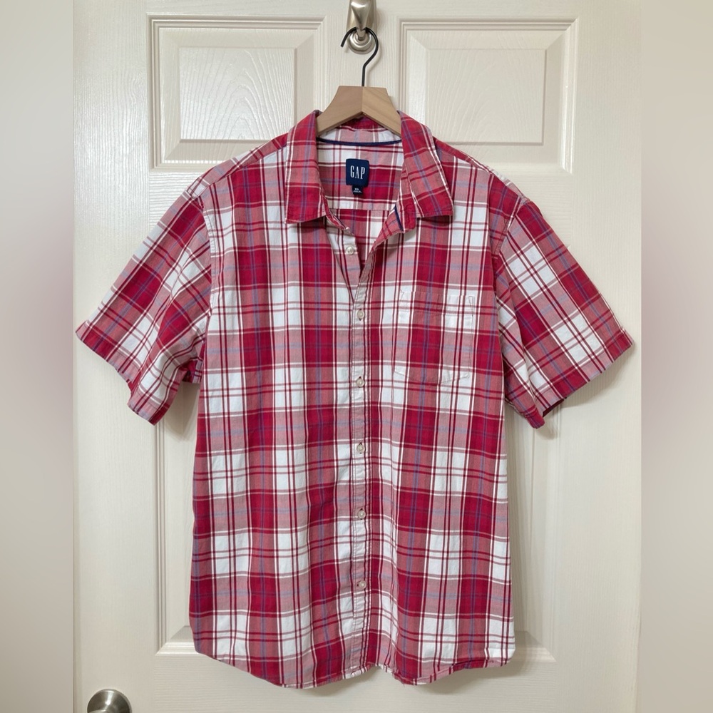 GAP Men’s Red Plaid Short Sleeve Casual Button Up Shirt XXL Preppy Vacation